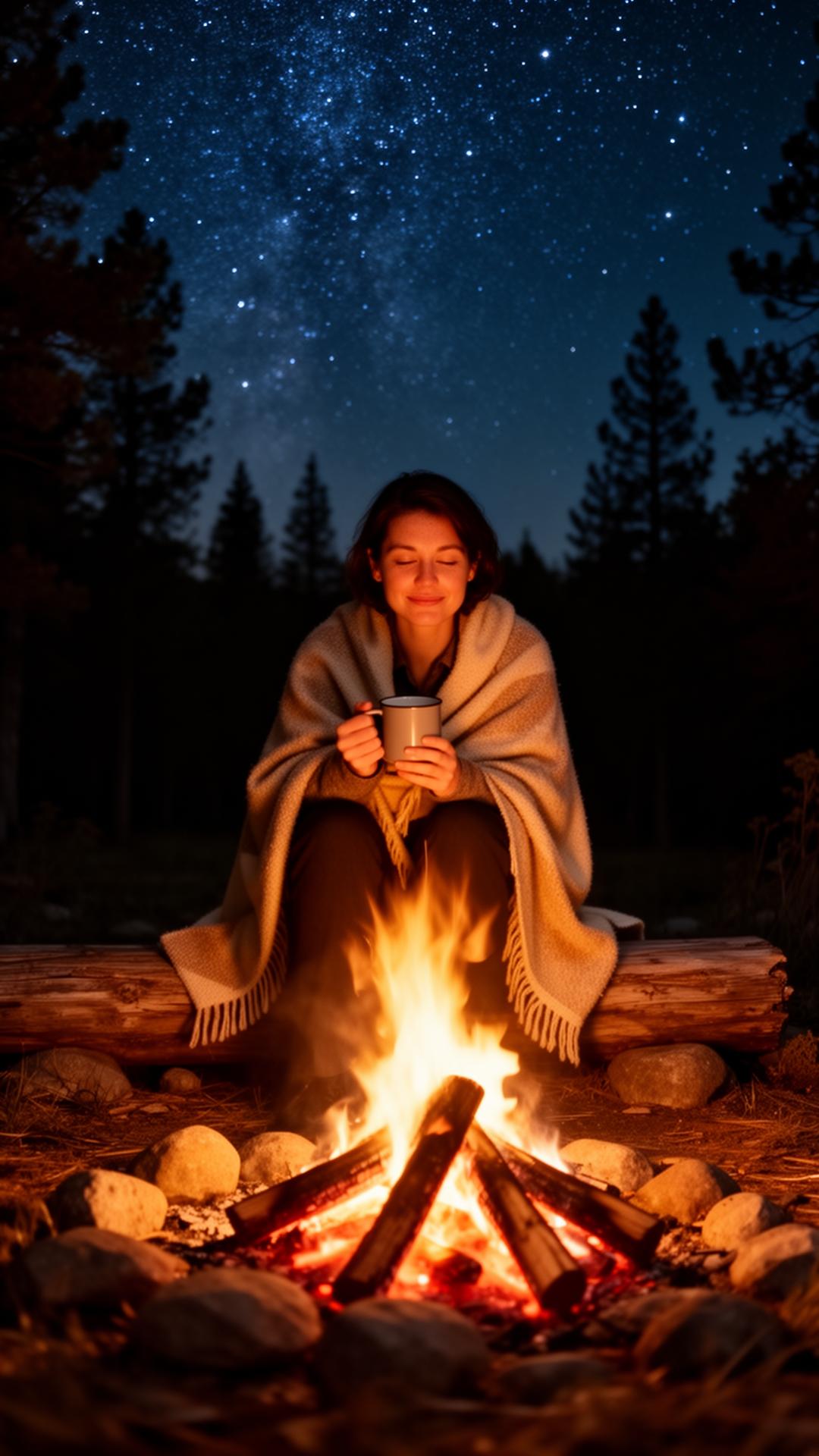 Person by a fire under stars