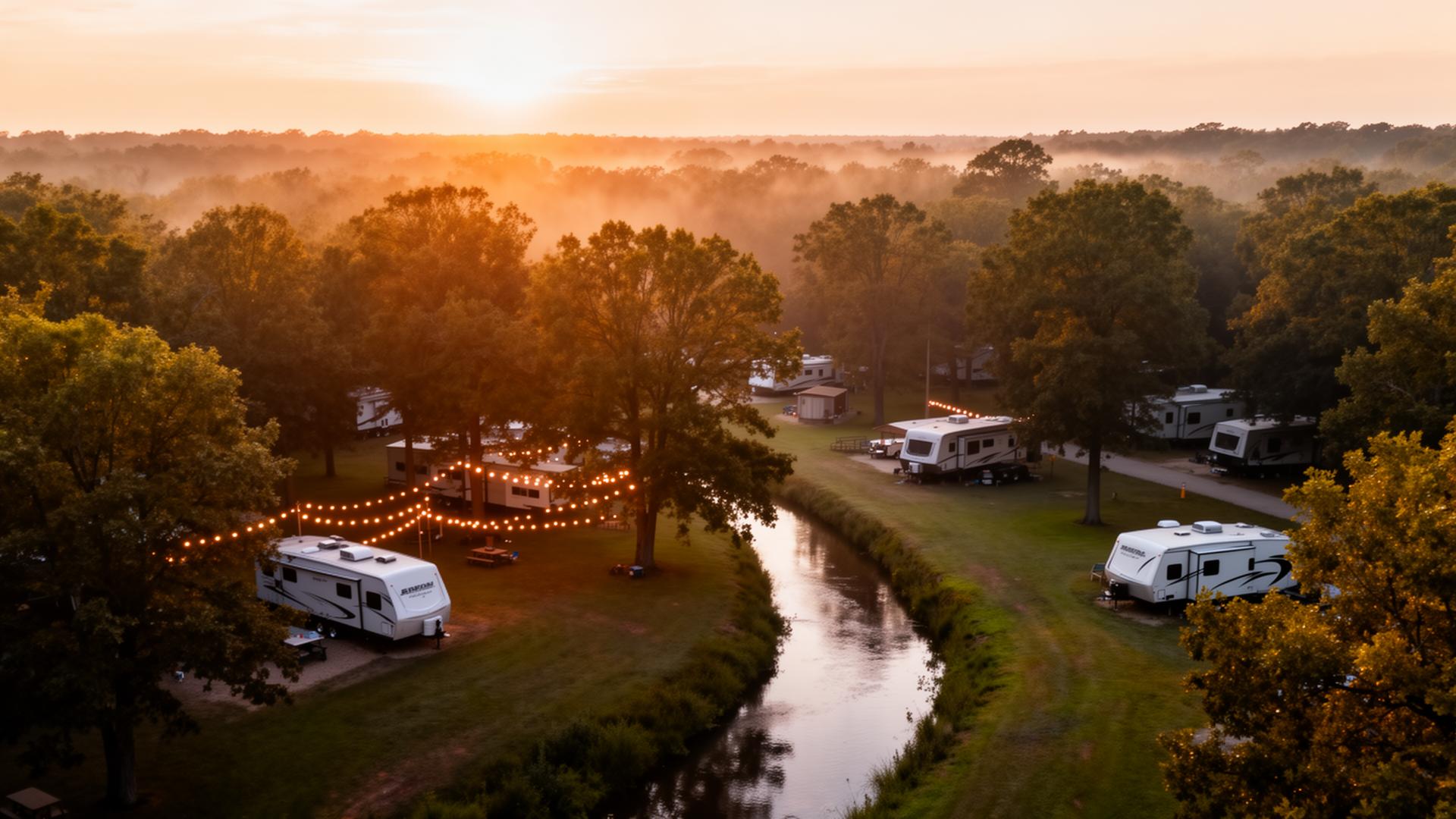 Aerial view of Humble Village at golden hour